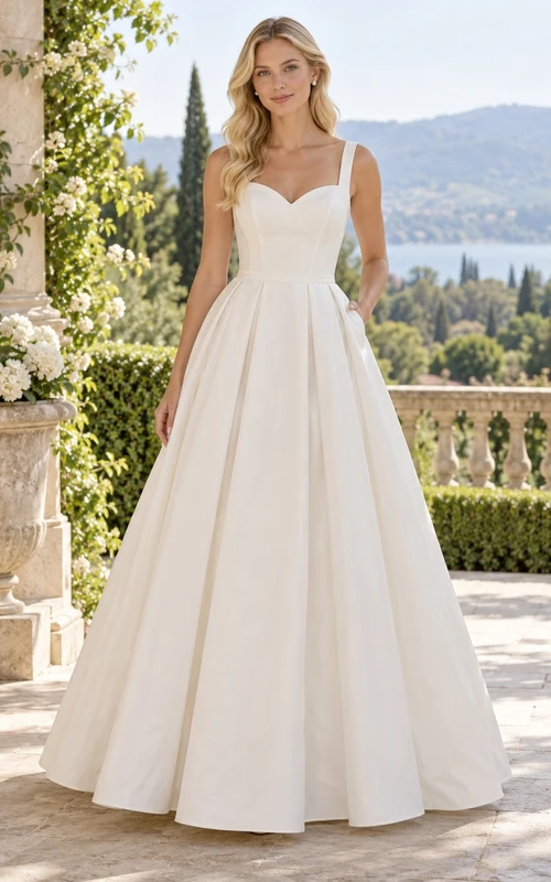 Vestido de novia sencillo de corte A, escote corazón, tirantes anchos, sin mangas, plisado, de popelina tejida.