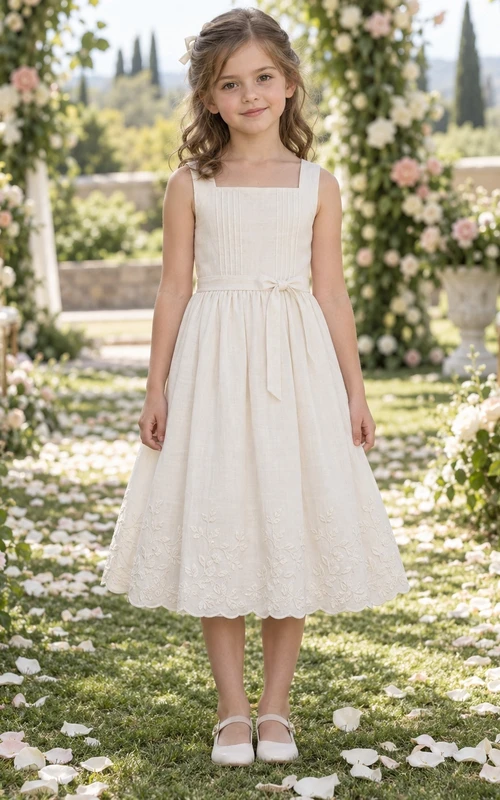 Tea-length Square Neck Country Ivory A-line Sleeveless Scalloped Pintucked Flower Girl Dress