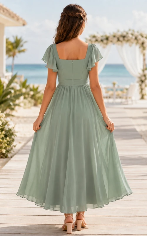 Mintgrünes Brautjungfernkleid für junge Mädchen, A-Linie, eckig, kurze Blütenblattärmel, knöchellang, romantisch
