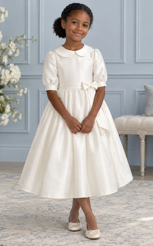 Tea-length Vintage Ivory A-line Satin Collared Puff-sleeve Side-bow Flower Girl Dress