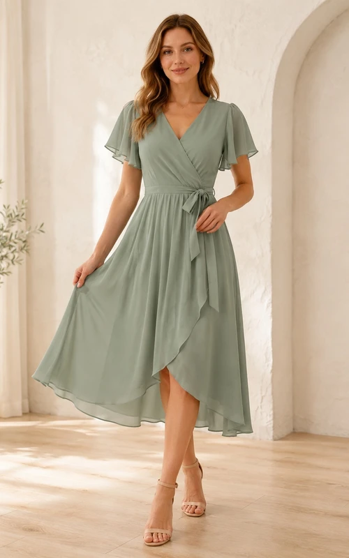 Salbeigrünes Chiffon-Wickelkleid mit V-Ausschnitt, kurzen Ärmeln, A-Linien-Schnitt und asymmetrischem Saum