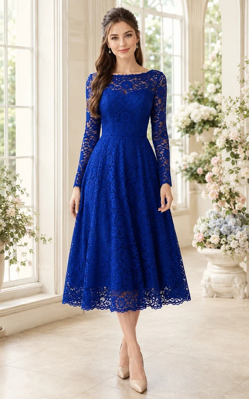 Vestido elegante de encaje azul marino con escote barco y mangas largas, ideal para madres que buscan un té.