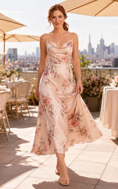 Blush Floral Spaghetti Strap Satin Midi Brunch Dress