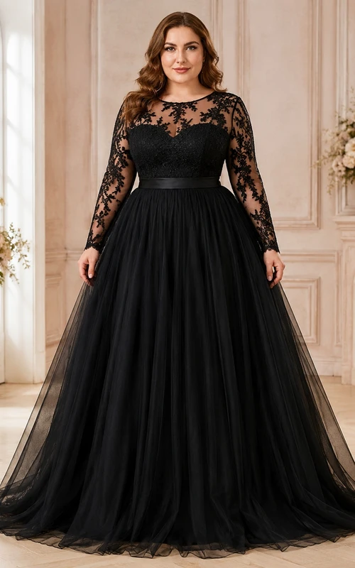 Plus Size Black Long Sleeve Lace Tulle Ball Gown Floor-Length Formal Dress