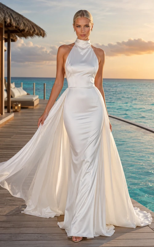 Robe de mariée de luxe pour la plage, col montant dos nu, fourreau en satin avec empiècements fluides en mousseline et traîne chapelle