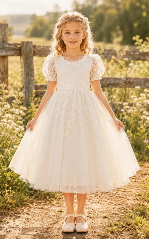 Tüllkleid in A-Linie mit Puffärmeln, Rundhalsausschnitt und wadenlangem Rock für Blumenmädchen.