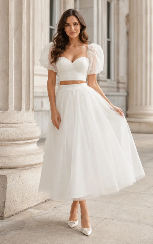 Conjunto de novia de tul largo hasta la rodilla con top corto abullonado y escote corazón.