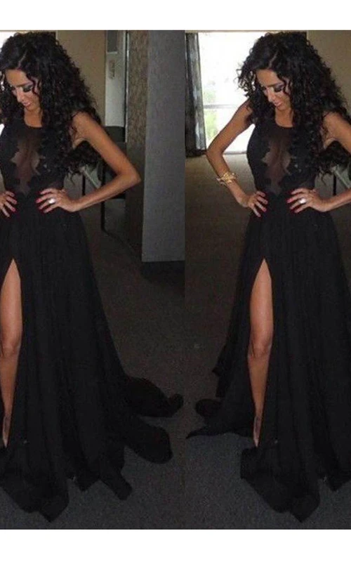 Ärmelloses A-Linien-Kleid aus Chiffon, Spitze und Schmucksteinen mit Reißverschluss