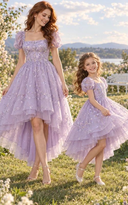 Robe de soirée mère-fille assortie en tulle lavande à manches bouffantes et ourlet asymétrique