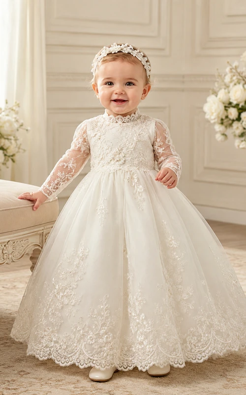 Schlichtes Taufkleid für Babys und die Taufe, A-Linie, bodenlang, mit Rundhalsausschnitt, langen Ärmeln, Tüllspitze und Knopfleiste am Rücken