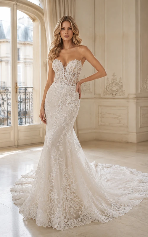 Robe de mariée sirène bustier en dentelle vaporeuse, ornée d'appliqués floraux et d'une traîne chapelle.