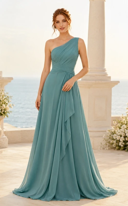 Modernes, bodenlanges Brautkleid aus türkisfarbenem Chiffon mit One-Shoulder-Ausschnitt und Drapierung