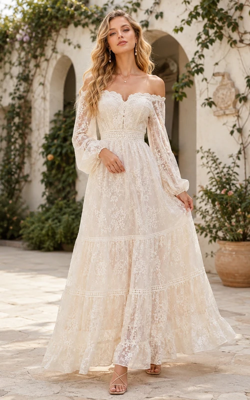 Robe de mariée bohème champêtre à épaules dénudées, manches bouffantes, dentelle à volants et dos nu plongeant