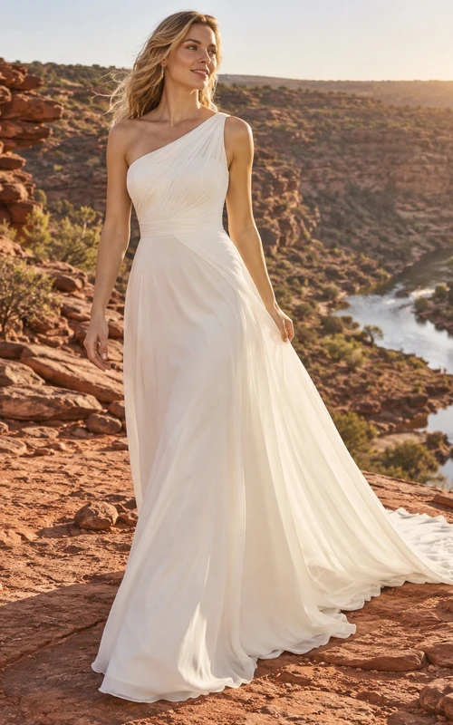 Schlichtes, einseitig schulterfreies Brautkleid im Meerjungfrauenstil mit Schleppe
