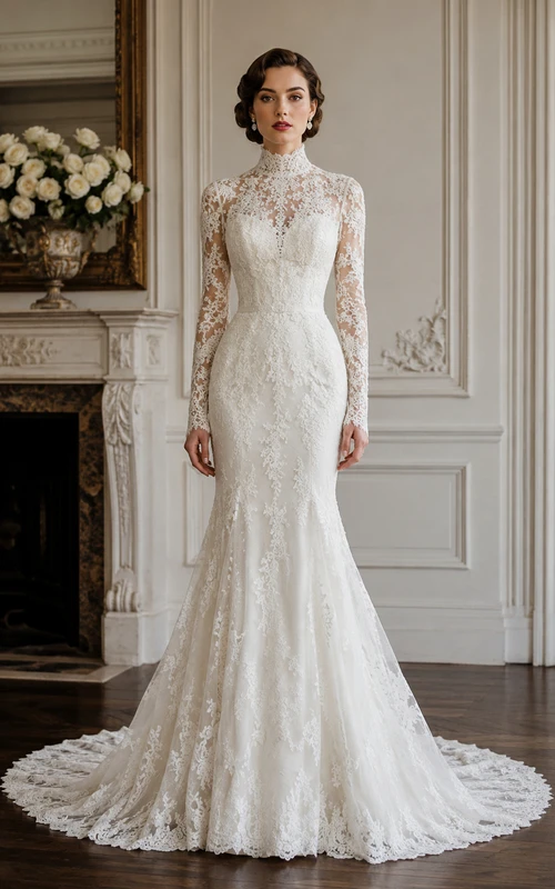 Robe de mariée sirène vintage en dentelle blanche à col montant et dentelle, style chapelle