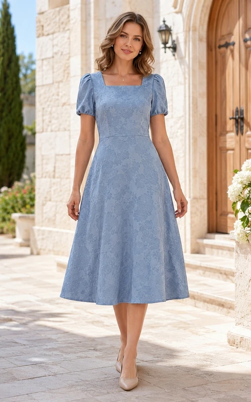 Bescheidenes, eckiges Kirchenkleid mit Puffärmeln, blau, teelang, A-Linie