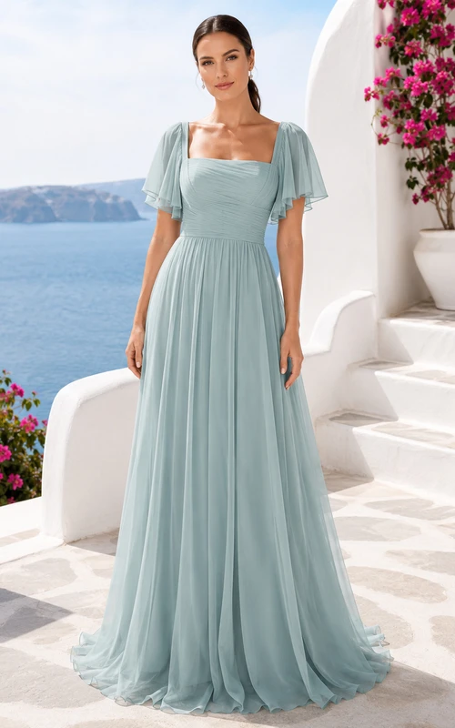 Robe de mariée trapèze en mousseline sauge, col carré, manches papillon