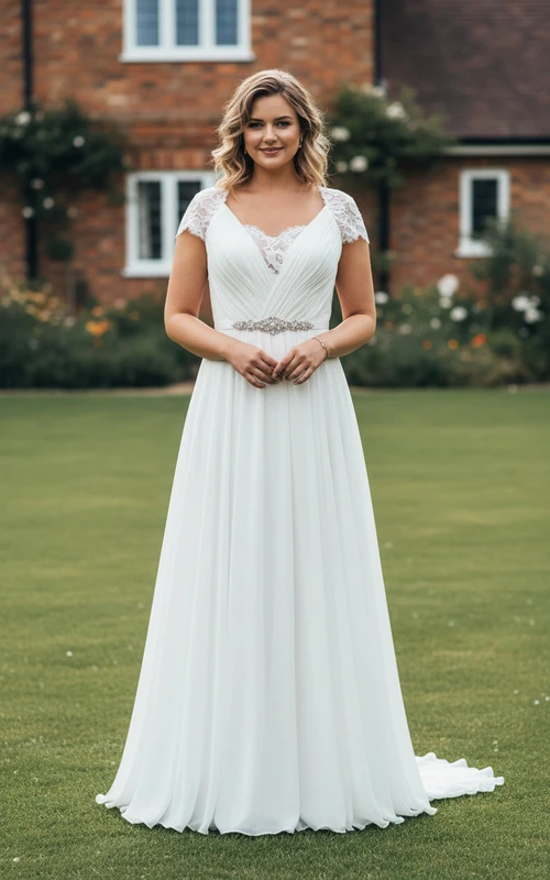 Vestido de novia de talla grande con mangas cortas y corte en A - Cuerpo plisado con cinturilla adornada con cuentas