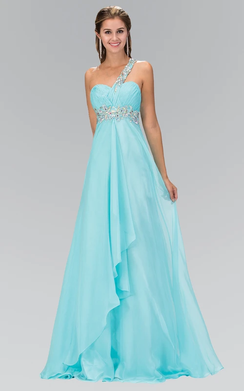 A-Line Long One-Shoulder Empire Chiffon Dress With Waist Jewellery And Draping