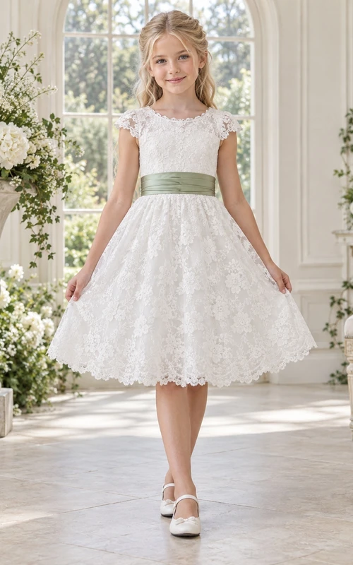 Vestido de niña de flores vintage blanco con estampado floral, corte en A, mangas cortas de encaje y fajín color salvia, hasta la rodilla.