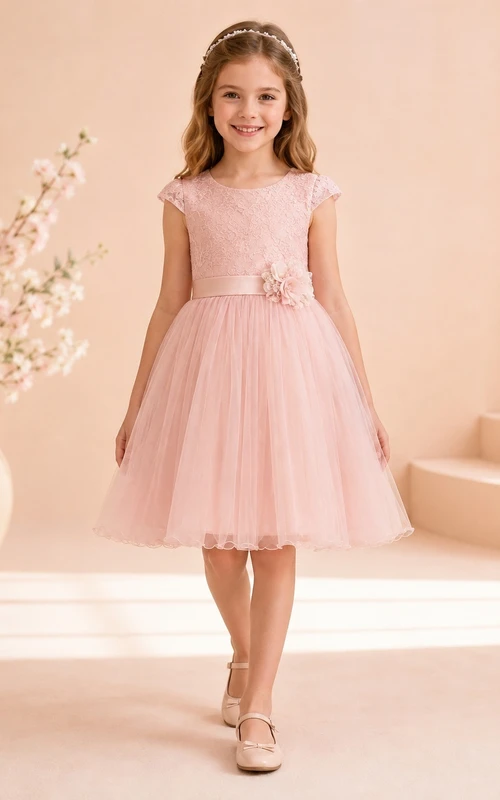 Zartrosa, knielanges A-Linien-Kleid aus Spitze und Tüll mit kurzen Ärmeln – ein bezauberndes Blumenmädchenkleid