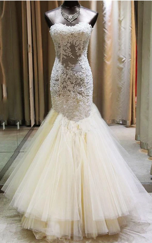 Vestido de novia de sirena con apliques de encaje y escote corazón, estilo sexy, largo hasta el suelo y falda de tul.
