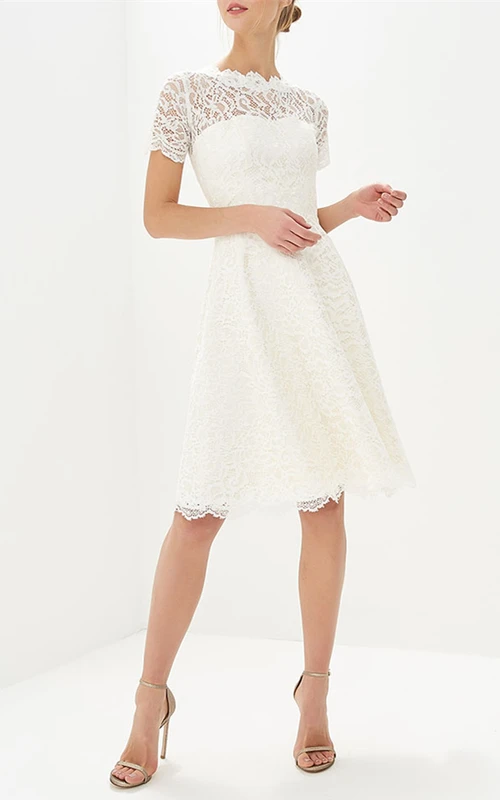 Robe de mariée décontractée en dentelle, coupe trapèze, longueur genou, col bijou, deux pièces