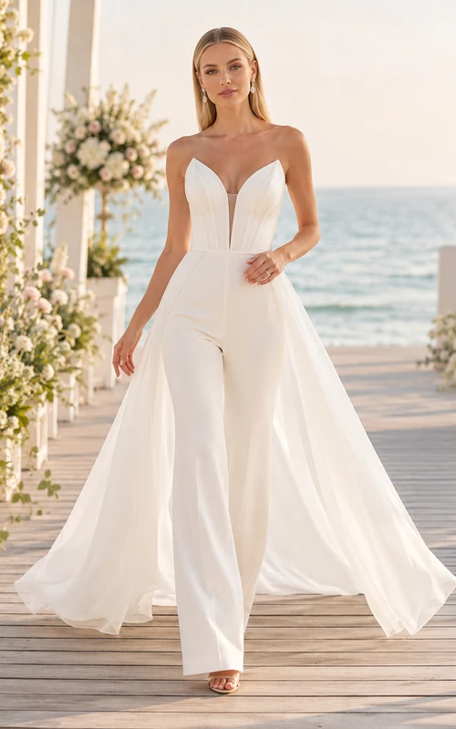 White Strapless Wedding Jumpsuit with Tulle Overskirt Train