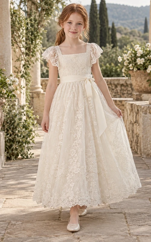 Vestido de niña de flores de corte A, con escote cuadrado, estampado floral en color marfil, encaje y mangas con volantes, largo hasta los tobillos.