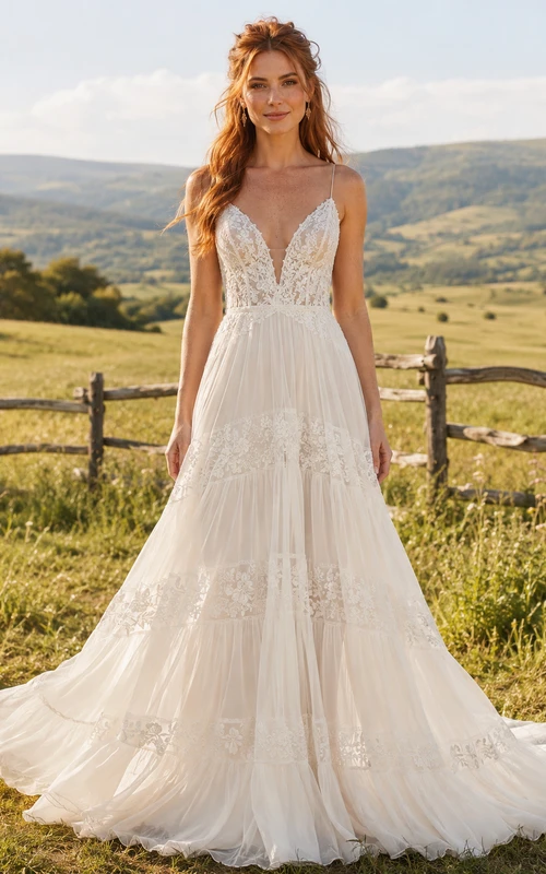 Brautkleid im Landhausstil aus Spitze und Tüll, A-Linie, Spaghettiträger, Kapellenschleppe, tiefer V-Ausschnitt