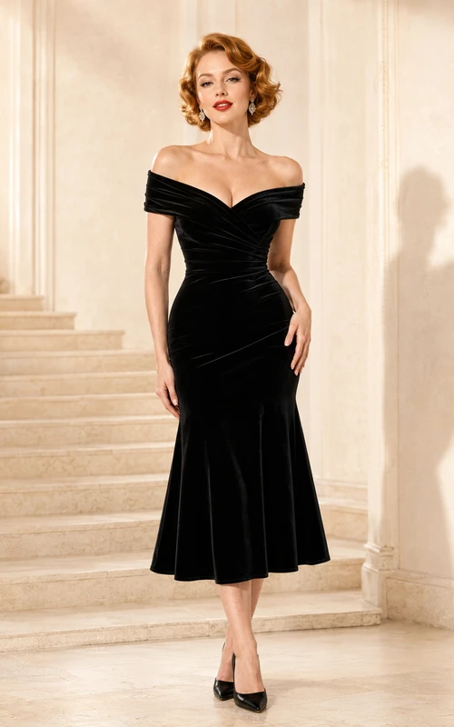 Black Off-Shoulder Sweetheart Ruched Velvet Vintage Bodycon Cocktail Evening Dress