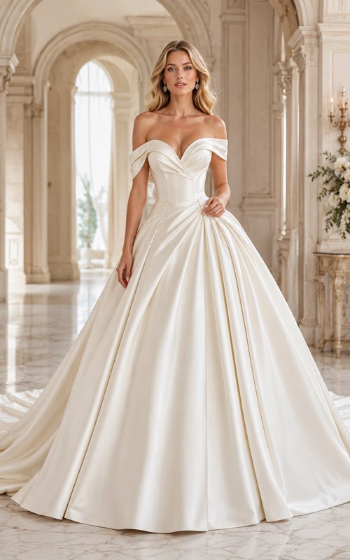 Vestido de novia de satén, estilo princesa, sin hombros, manga corta, cola de capilla.