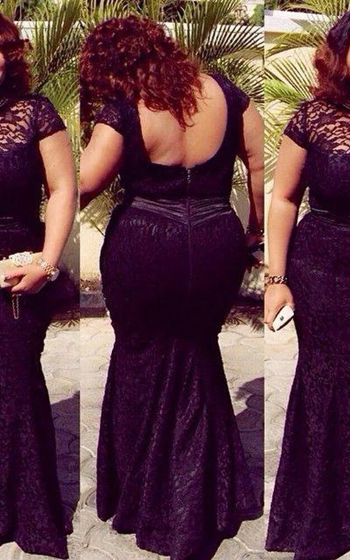 Robe de soirée sirène en dentelle grande taille à manches courtes
