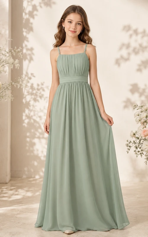 Vestido de dama de honor juvenil color celadón, corte en A, tirantes finos, sin mangas, sencillo.