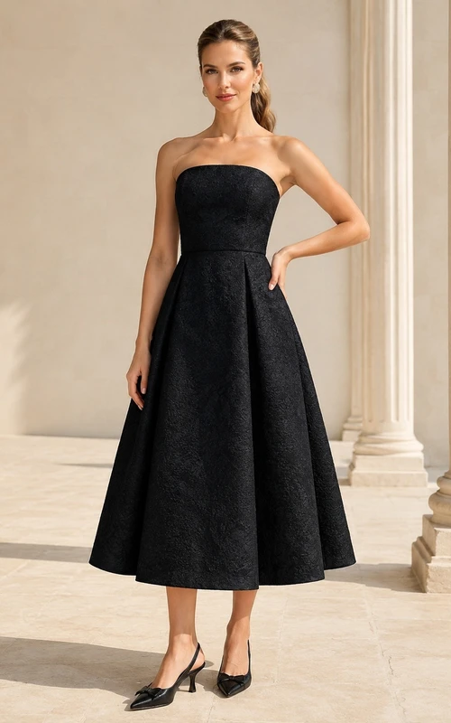 Vestido formal negro de satén, sin tirantes, sin mangas, de corte en A y largo hasta la rodilla.