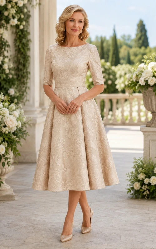 Robe de mère en dentelle couleur champagne, longueur thé, coupe trapèze