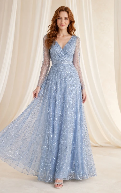 Steel Blue Sequin V-neck Long Sleeve A-Line Floor-length Formal Evening Dress