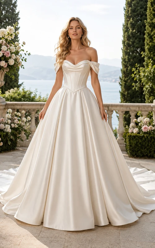 Off-Shoulder Satin Ball Gown Wedding Dress