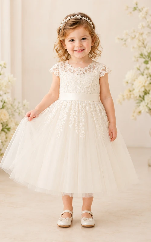 Romantic Lace Tea-Length A-Line Flower Girl Garden Wedding Dress With Cap Sleeves and Satin Bow