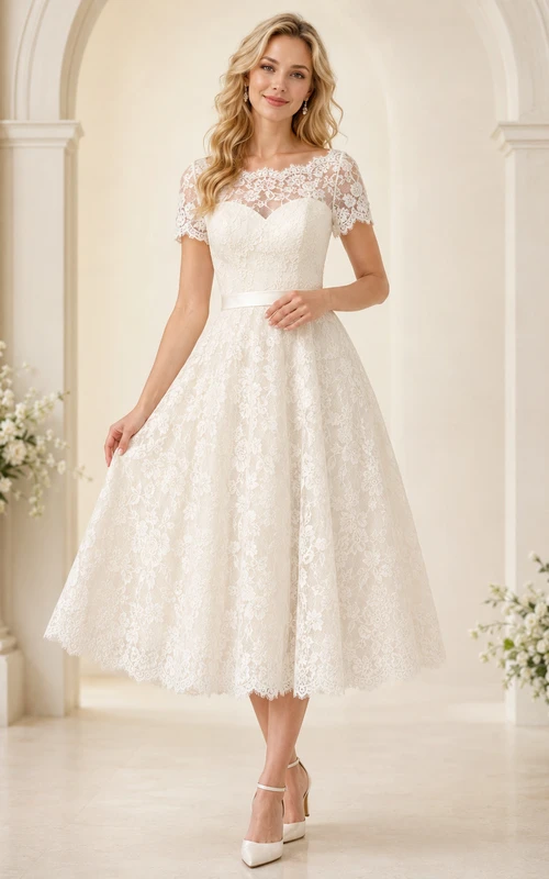 Vestido de novia romántico vintage de encaje floral con mangas cortas y escote barco, largo hasta la rodilla, estilo jardín.
