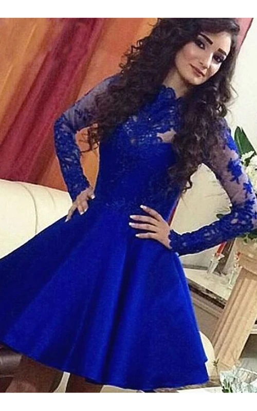 Vestido corto de fiesta de graduación con cuello alto, encaje satinado, manga larga y corte en A.