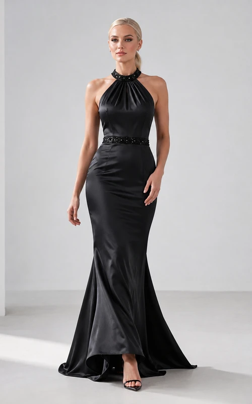 Vestido de fiesta de satén negro con escote halter, cuello alto, bordados y largo hasta el suelo, estilo sirena.