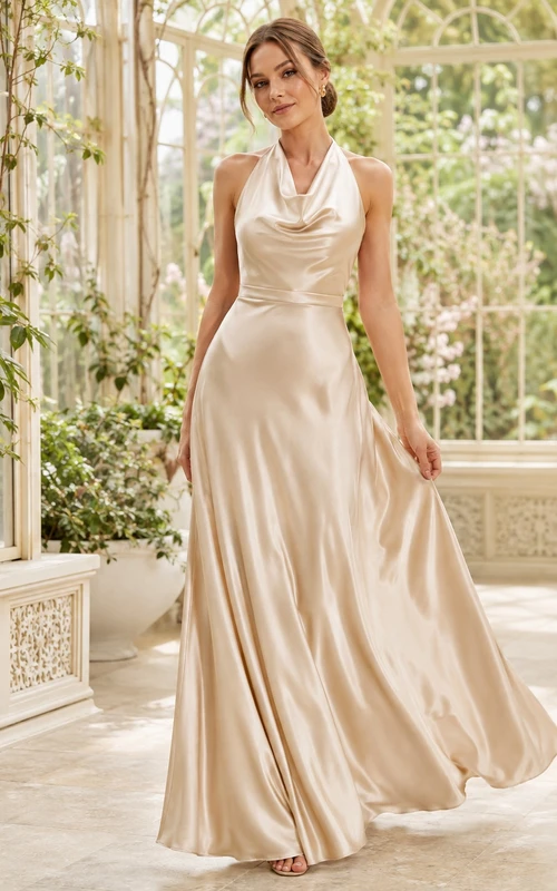Robe de demoiselle d'honneur simple en charmeuse, coupe trapèze, col bénitier, dos nu, couleur champagne