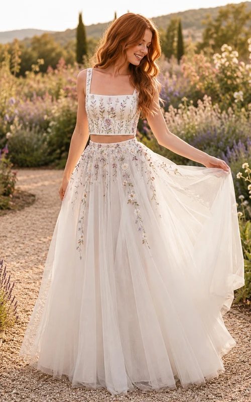 Square Neck Floral Embroidered Bodice Tulle Garden Bridal Set