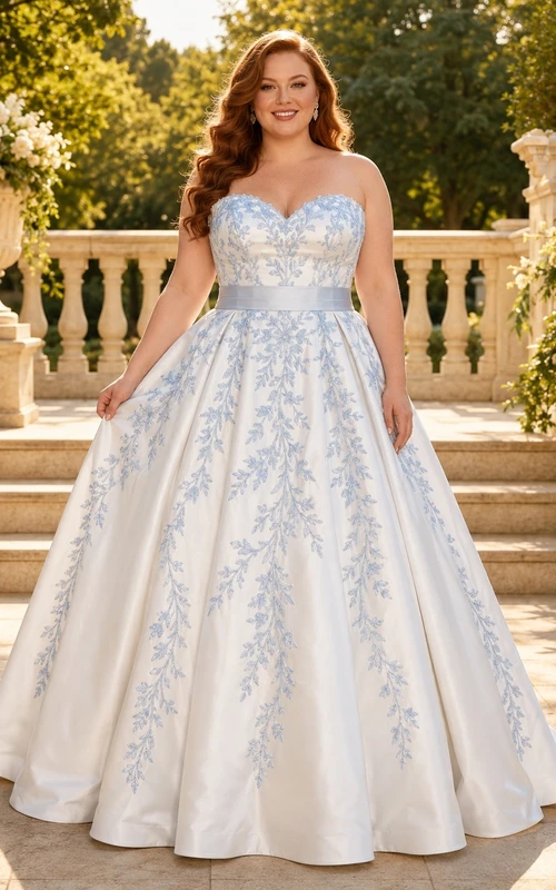Hellblaues, klassisches, ärmelloses, romantisches Brautkleid aus Satin in Übergröße mit A-Linien-Ausschnitt und Herzausschnitt