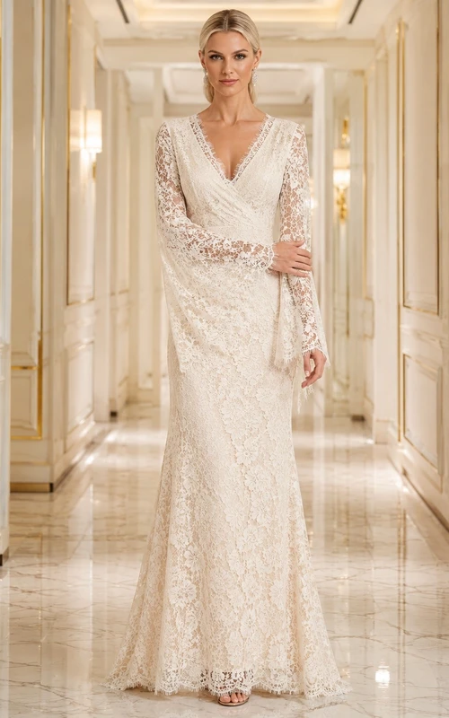 Luxury Bridal Lace V-Neck Bell Sleeve Mermaid Sweep Train Gown