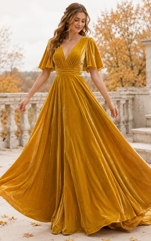 Vestido de novia de terciopelo color mostaza con escote en V profundo y mangas acampanadas, corte en A.