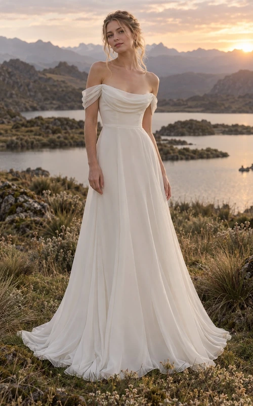 Sencillo vestido de novia de georgette con escote Bardot, corpiño drapeado y cola en línea A.