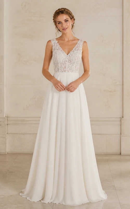 Einfaches, ärmelloses Strand-Hochzeitskleid in A-Linie mit V-Ausschnitt aus Chiffon und Spitze