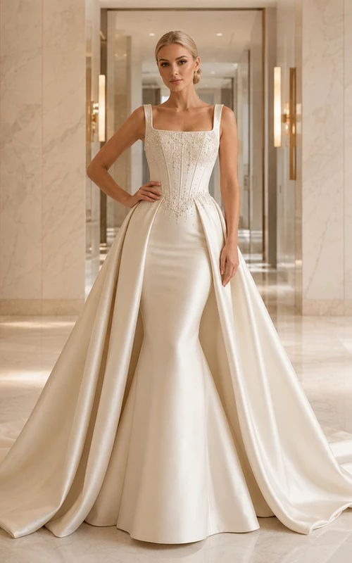 Robe de mariée moderne en satin, coupe trapèze, col carré, nœud papillon, surjupe amovible et traîne chapelle